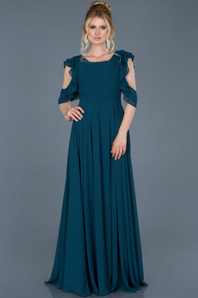 14514 oil green open back chiffon dress