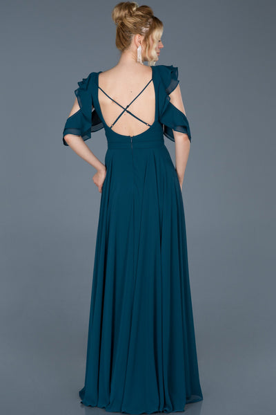 14514 oil green open back chiffon dress