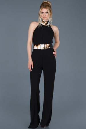 10132 Black Contrast Belt Jumpsuit