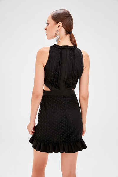 2810 Black Cutout Waist Polka Dot Dress