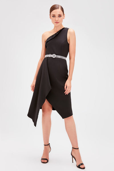 8426 Black One Shoulder Asymmetric Dress