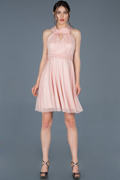 14839 Pink Back Bow Shimmer Halter Dress