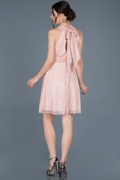  Salmon Short Back Low-Cut Evening Dress ABK527 