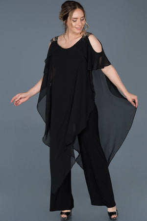 10142 Black Cold Shoulder Chiffon Jumpsuit