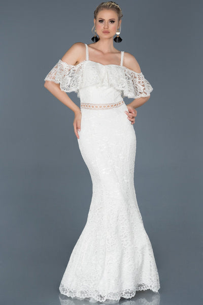  Fawn Long Shoulder Decolleted Guipure Evening Dress ABU836 