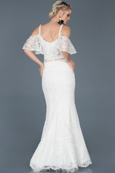  Fawn Long Shoulder Decolleted Guipure Evening Dress ABU836 