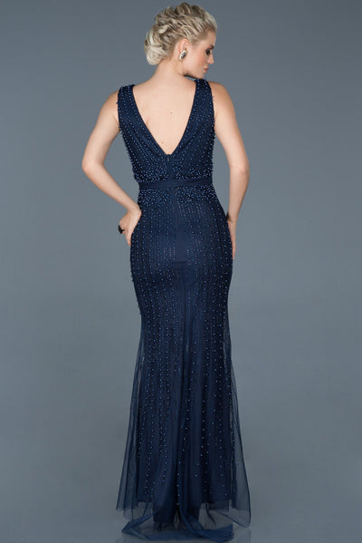 16596 navy blue beaded tulle mermaid dress