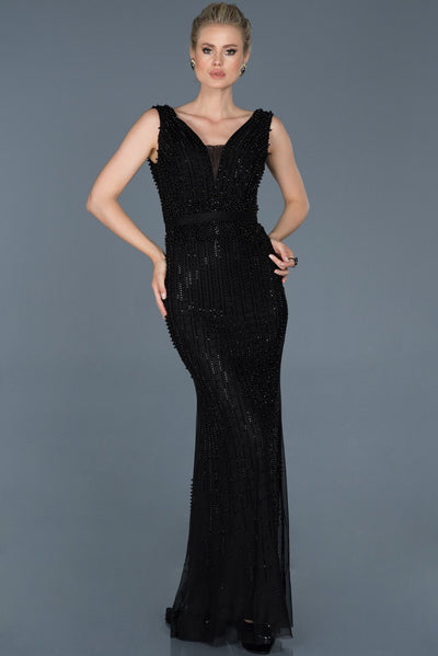 16595 black beaded tulle mermaid dress