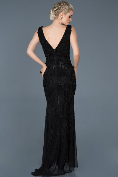 16595 black beaded tulle mermaid dress