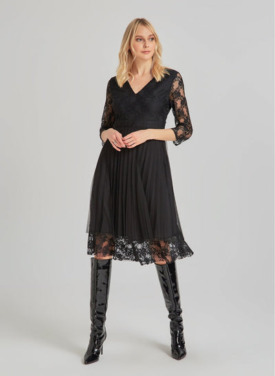 15972 black pleated tulle lace dress