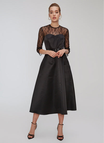 15965 black satin lace pocket dress