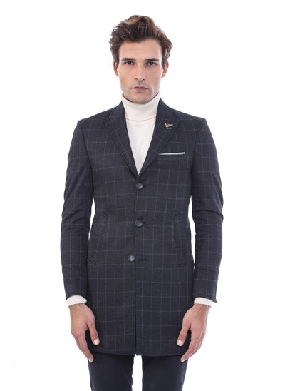 3918 Black Jacket Collar Check Coat