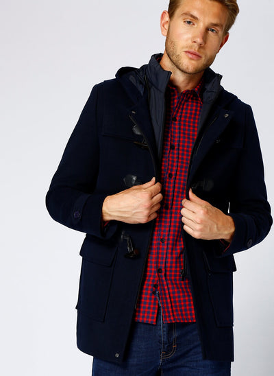 3970 Navy Button Detailed Hooded Coat