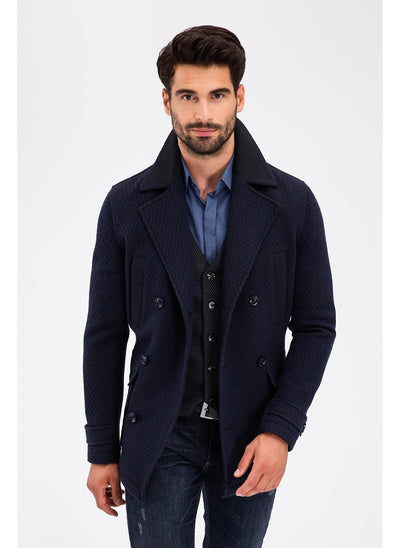 3948 Navy Jacket Collar Patterned Coat