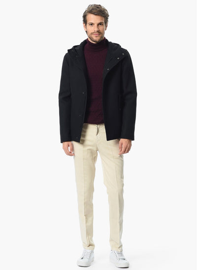 3878 Black Hooded Wool Blend Coat