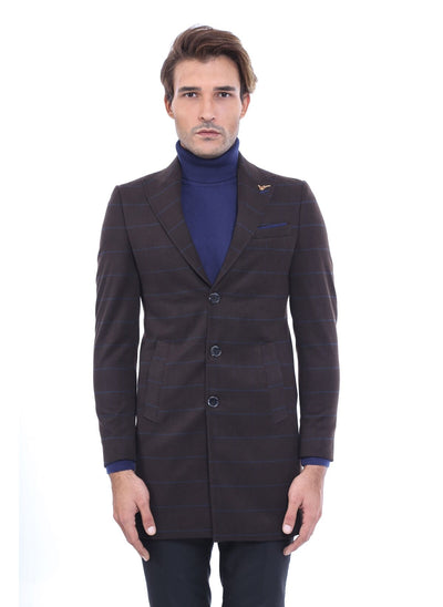 3940 Brown Jacket Collar Striped Coat