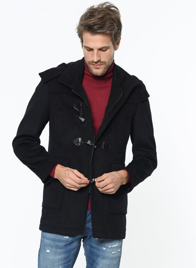3892 Black Hooded Wool Coat