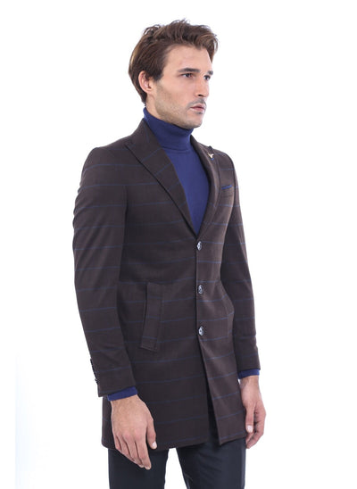 3940 Brown Jacket Collar Striped Coat