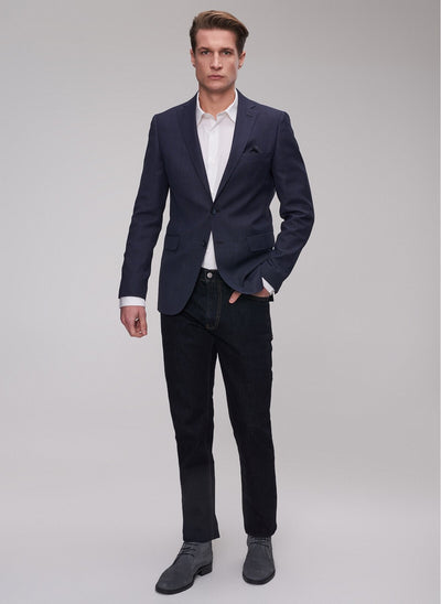 2855 Navy Blue Wool Blend Check Blazer