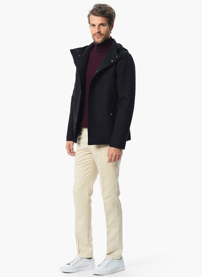 3878 Black Hooded Wool Blend Coat