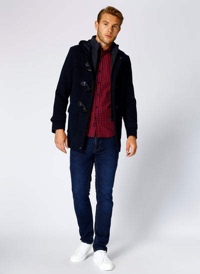 3970 Navy Button Detailed Hooded Coat