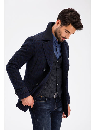 3948 Navy Jacket Collar Patterned Coat