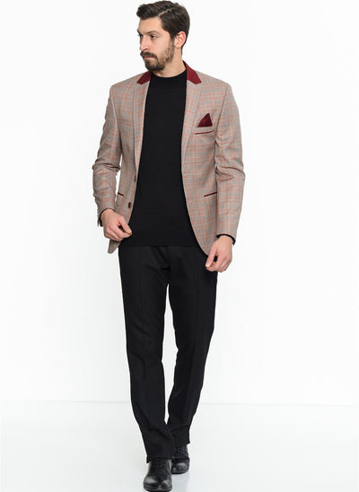 2862 Burgundy Wool Blend Check Blazer For Men