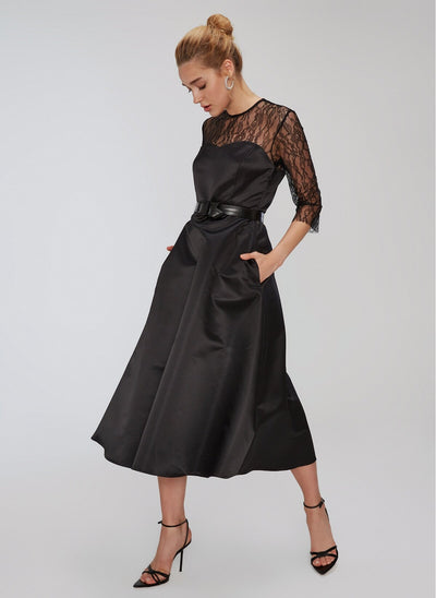15965 black satin lace pocket dress