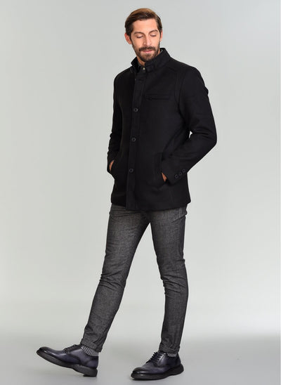 3887 Black Slim Fit Plain Coat
