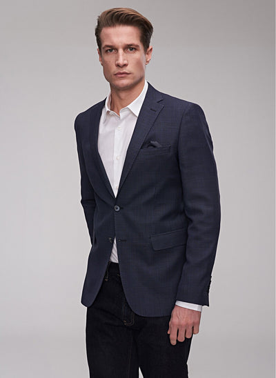 2855 Navy Blue Wool Blend Check Blazer