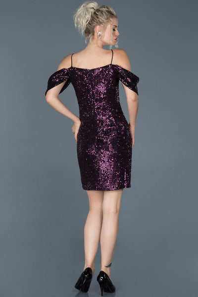  Plum Short Sequined Sleeve Detailed Evening Dress ABK598 