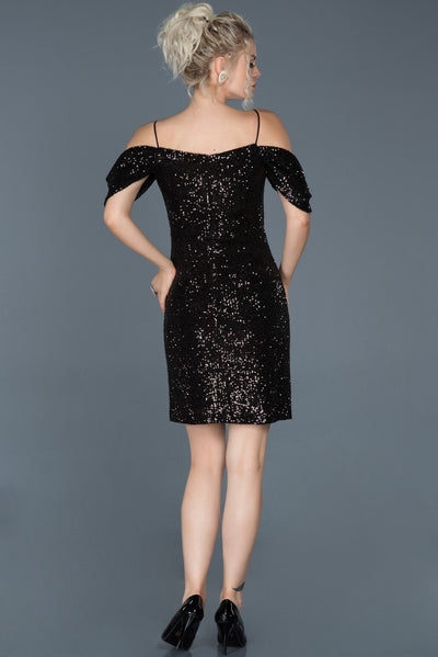  Black Short Sequined Sleeve Detailed Evening Dress ABK598 