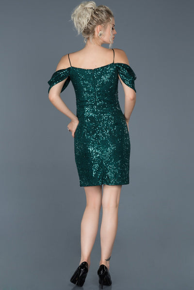  Emerald Green Short Sequined Sleeve Detailed Evening Dress ABK598 