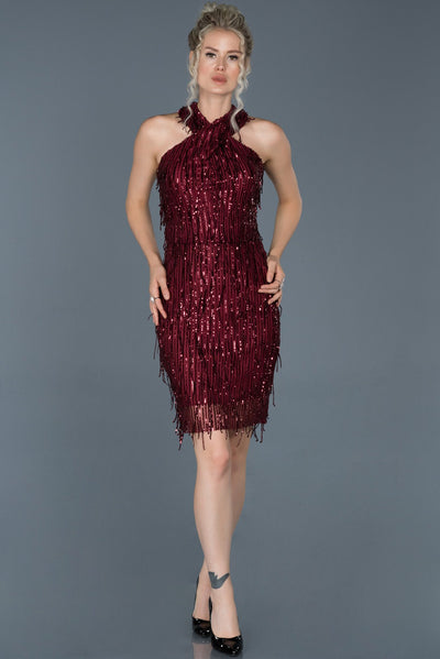 14755 Burgundy Tassel Sequined Halter Dress