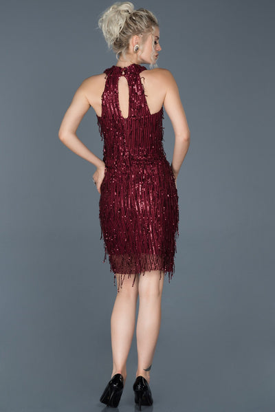  Burgundy Short Sequined Halter Neck Invitation Dress ABK599 