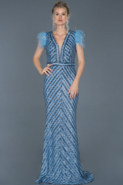 16075 blue feather detail sequined dress