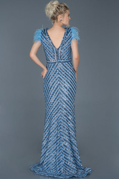 16075 blue feather detail sequined dress