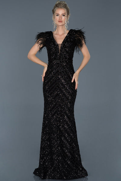 16074 black feather detail sequined dress