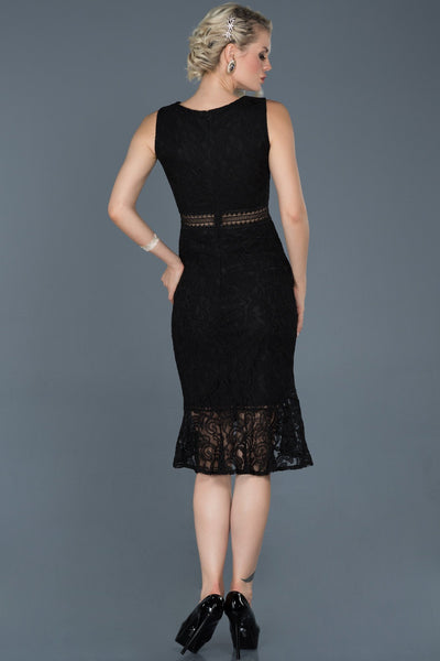 14781 Black Transparent Waist Lace Dress