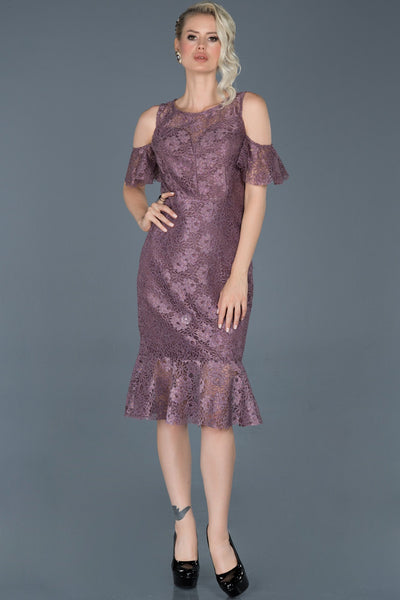  Lavender Midi Shoulder Low-cut Guipure Evening Dress ABK455 