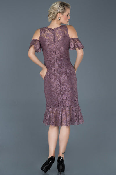  Lavender Midi Shoulder Low-cut Guipure Evening Dress ABK455 