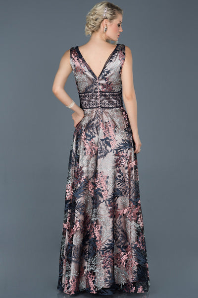 15994 navy blue pink embroidered tulle dress