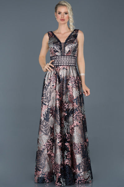 15994 navy blue pink embroidered tulle dress