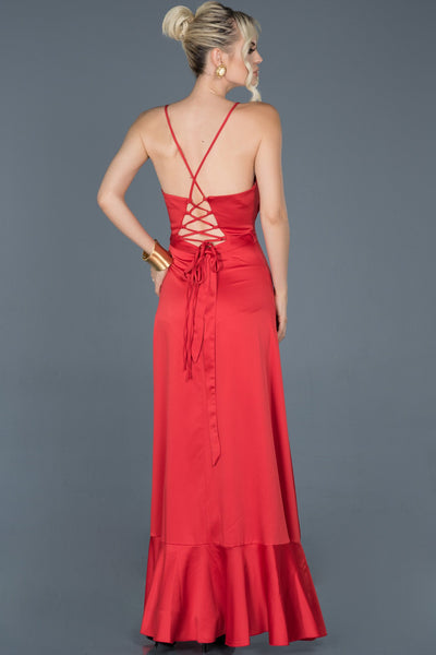 16028 red ruffle slit satin dress
