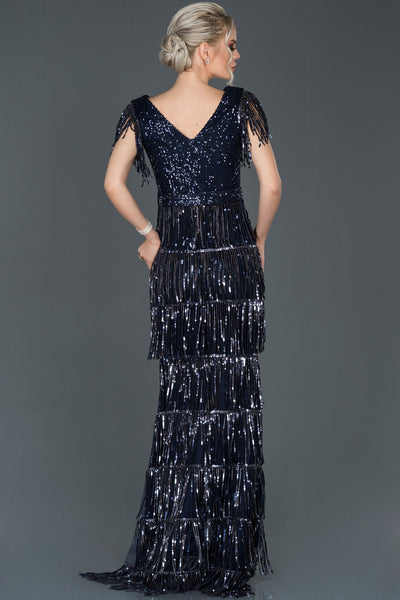 16592 navy blue sequined tassel belt column dress
