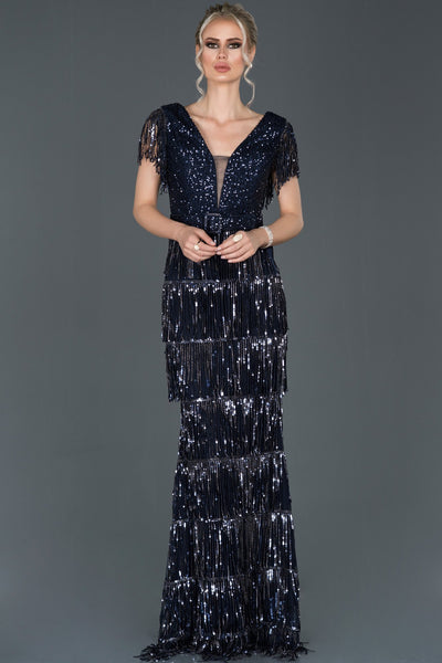 16592 navy blue sequined tassel belt column dress