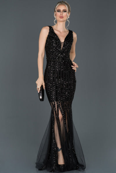 16057 black sequined tulle mermaid dress