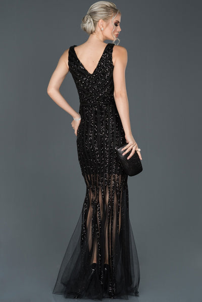 16057 black sequined tulle mermaid dress
