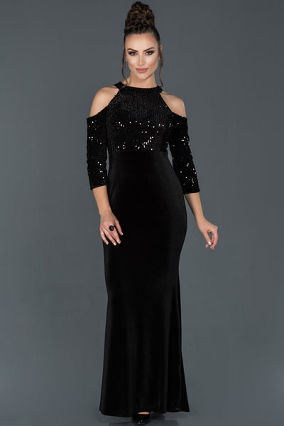 14497 black cold shoulder sequined velvet dress