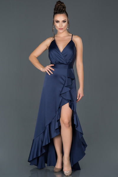 16027 blue ruffle slit satin dress